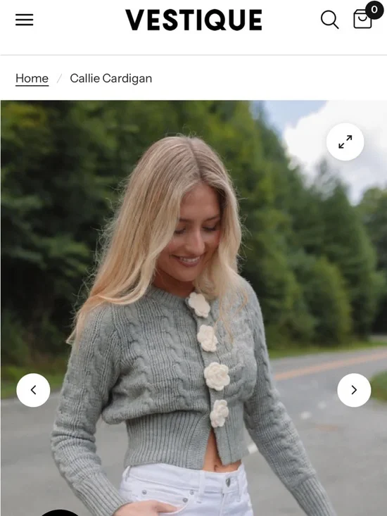 vestique Gray Cropped Cable-Knit Cardigan with Cream Floral Buttons - Picture 2 of 5